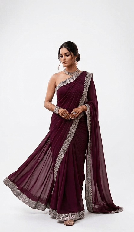 Woman wearing a maroon saree with silver border on a white background
