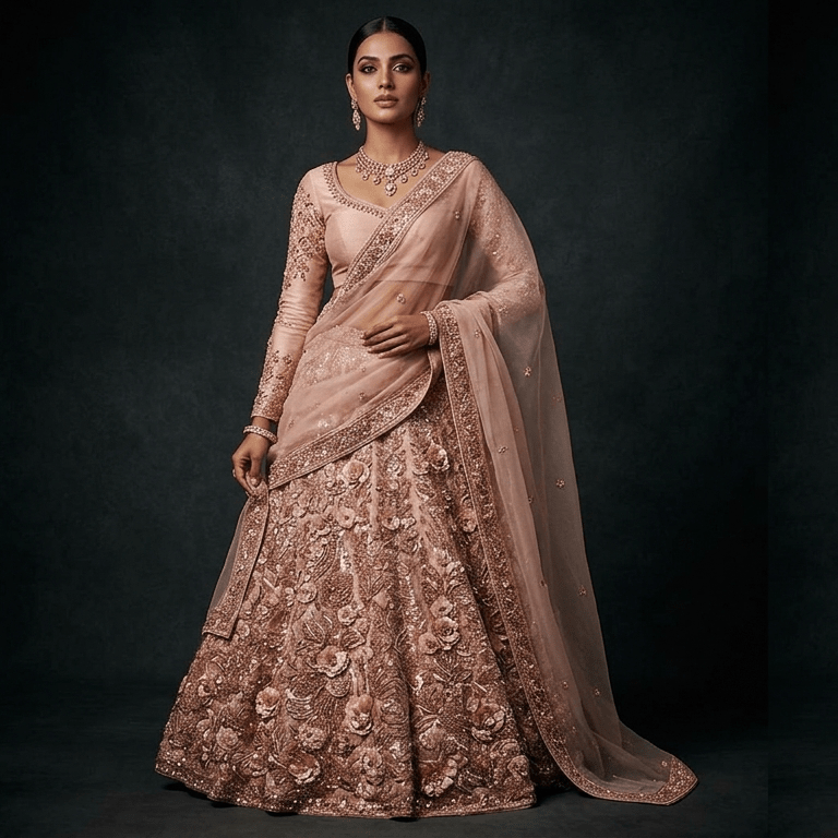 Blush & Rose Gold 3D Floral Reception Lehenga — Made to Order