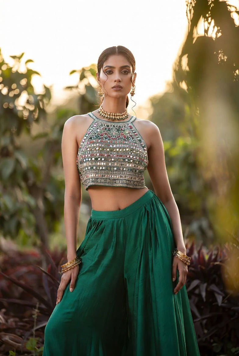Emerald & Gold Embroidered Sangeet Co-ord Set — Made to Order